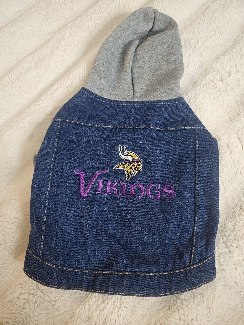 Animal Denim Hoodie Jacket with Vikings Embroidery - Gray Hood